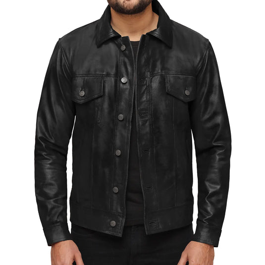 Isaac Black Leather Trucker Jacket