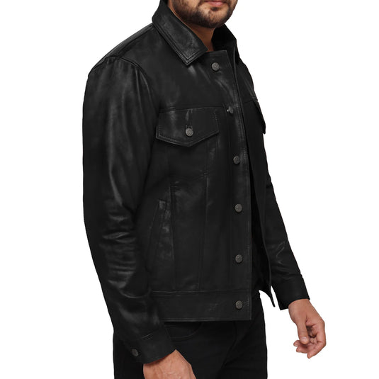 Isaac Black Leather Trucker Jacket