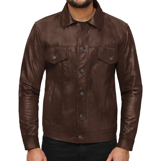 Isaac Dark Brown Trucker Leather Jacket