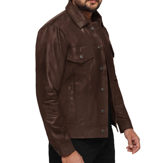 Isaac Dark Brown Trucker Leather Jacket