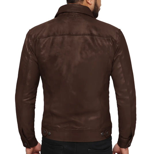 Isaac Dark Brown Trucker Leather Jacket