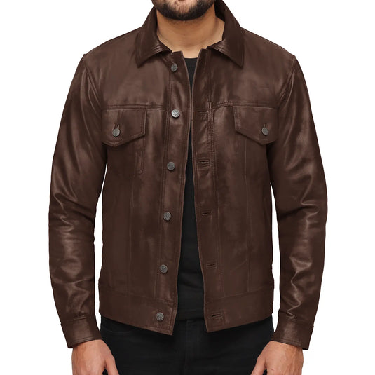 Isaac Dark Brown Trucker Leather Jacket