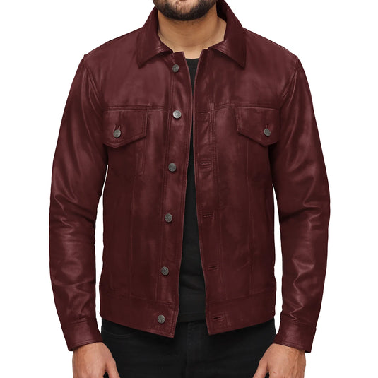 Isaac Maroon Trucker Leather Jacket