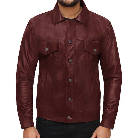 Isaac Maroon Trucker Leather Jacket