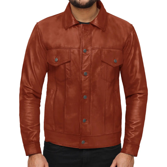 Isaac Tan Brown Trucker Leather Jacket