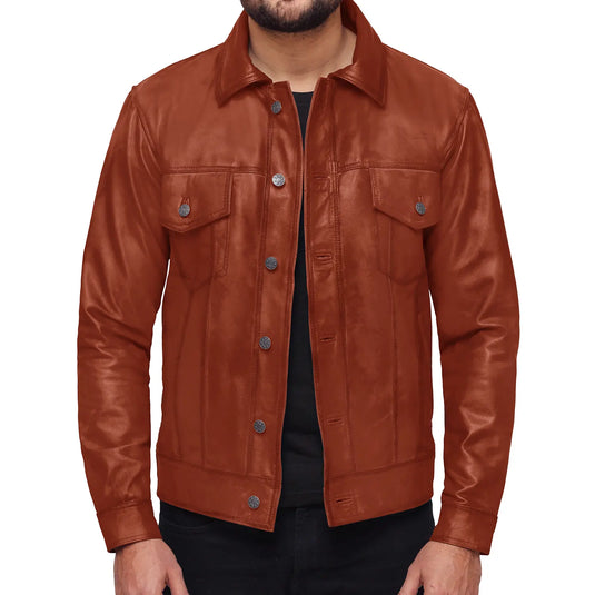 Isaac Tan Brown Trucker Leather Jacket