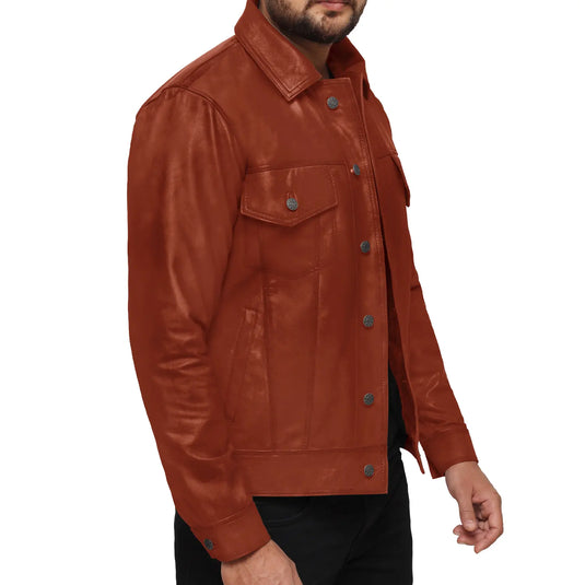 Isaac Tan Brown Trucker Leather Jacket