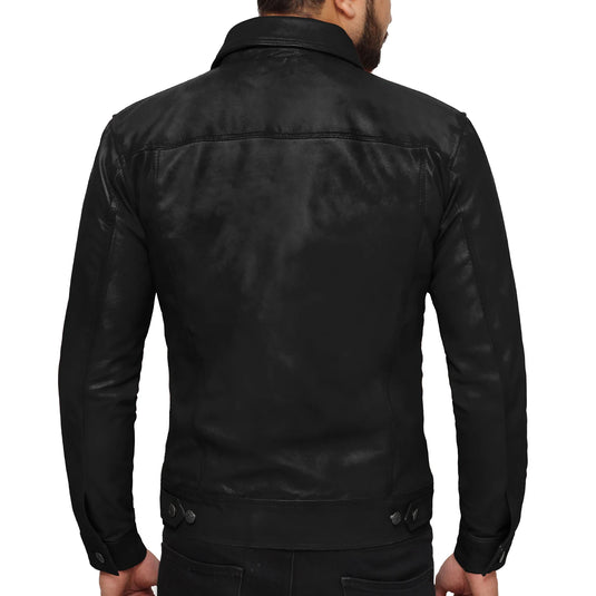 Isaac Black Leather Trucker Jacket