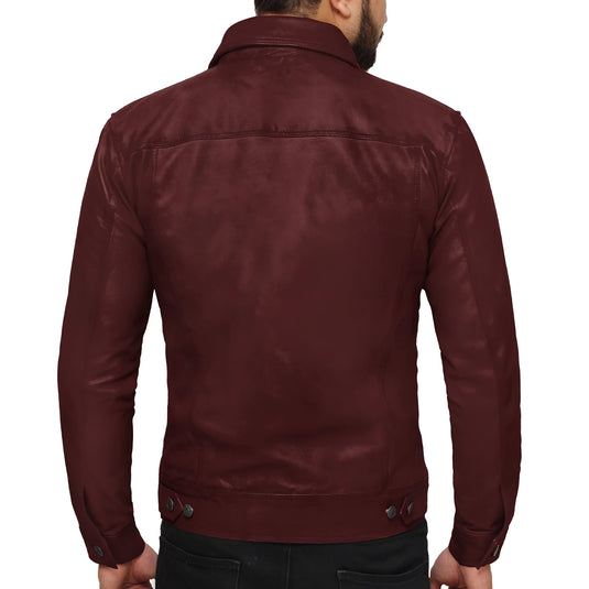 Isaac Maroon Trucker Leather Jacket