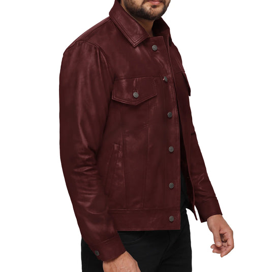 Isaac Maroon Trucker Leather Jacket