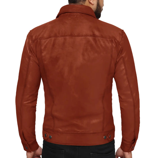 Isaac Tan Brown Trucker Leather Jacket