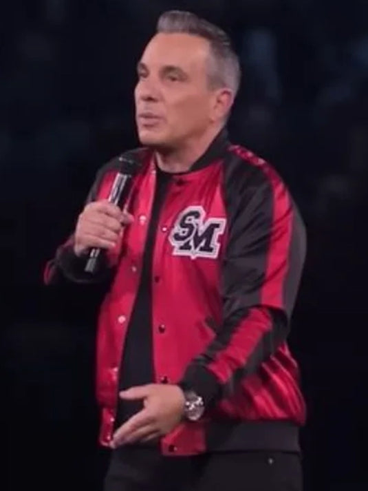 Red and black It Ain’t Right jacket inspired by Sebastian Maniscalco’s standout style.