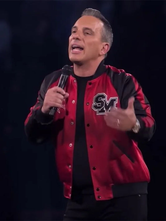 Sebastian Maniscalco-inspired red and black jacket crafted for a trendy outerwear look.