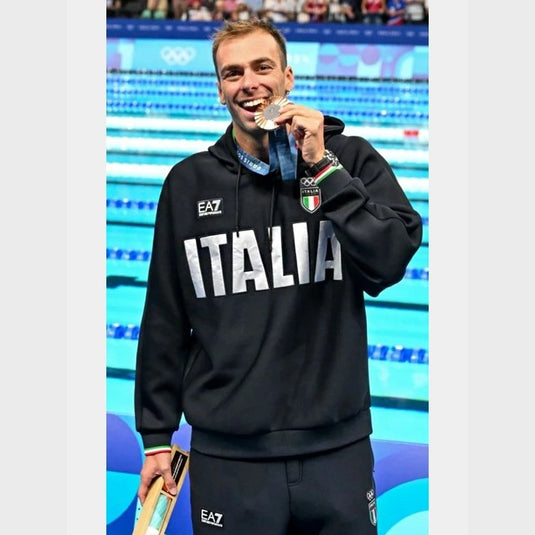 Recreated Italia Paris Olympics hoodie in black featuring warm fleece fabric and casual silhouette