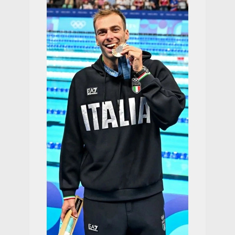 Recreated Italia Paris Olympics hoodie in black featuring warm fleece fabric and casual silhouette