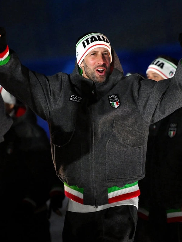Team Italy Opening Ceremony bomber jacket recreated in charcoal grey, designed with EA7 Emporio Armani influence and tailored wool construction.