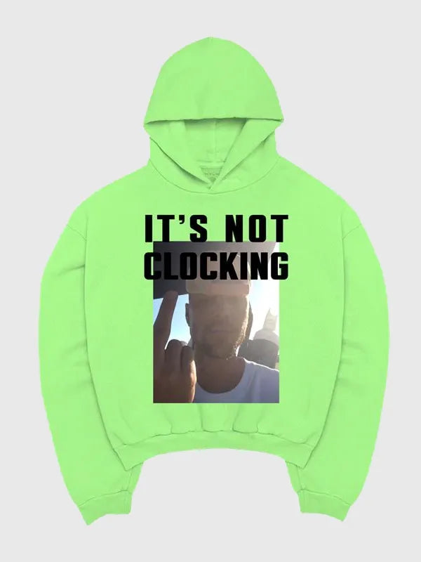 Recreated Justin Bieber 2026 Coachella It’s Not Clocking To You pullover fleece hoodie in green with bold statement graphic and soft interior