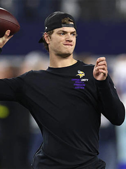 Minnesota Vikings 2025 Inspire Change black Nike long sleeve T-shirt highlighting Opportunity Equity Freedom Justice wording