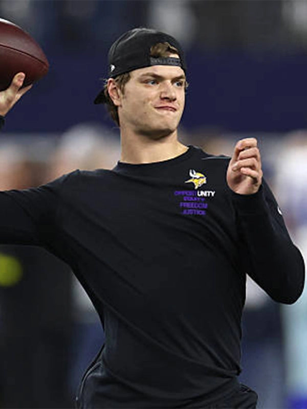 Minnesota Vikings 2025 Inspire Change black Nike long sleeve T-shirt highlighting Opportunity Equity Freedom Justice wording