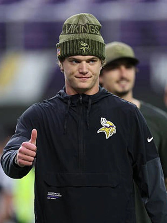 J.J. McCarthy Minnesota Vikings Nike Black Sideline Anorak Half-Zip Hoodie Jacket designed for sleek team style.