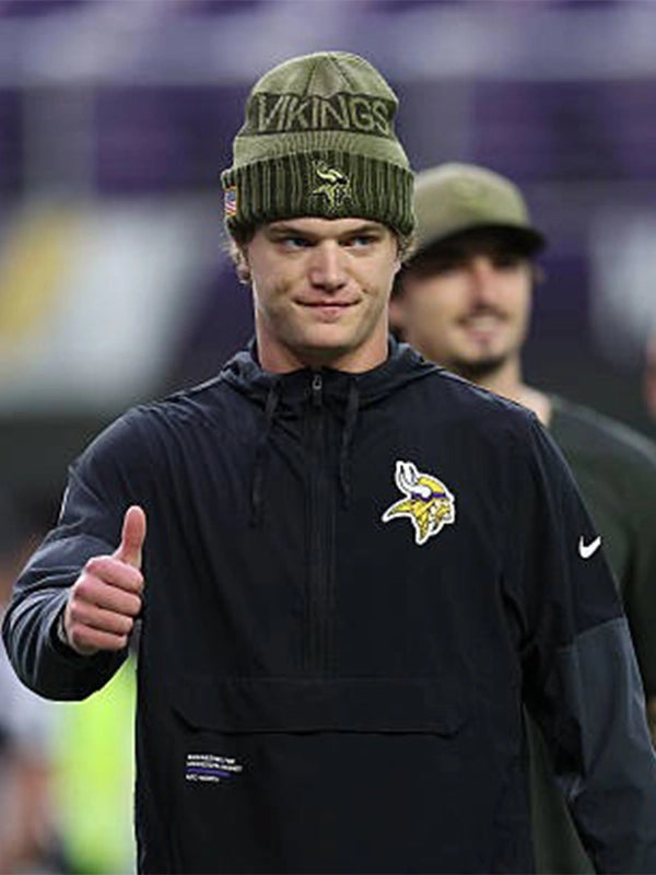 J.J. McCarthy Minnesota Vikings Nike Black Sideline Anorak Half-Zip Hoodie Jacket designed for sleek team style.