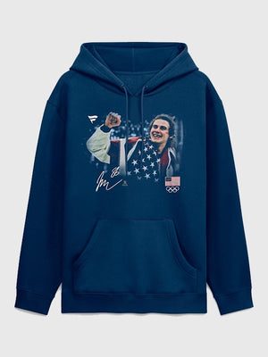 Recreated Jack Hughes Hockey Medal Moment navy pullover hoodie crafted with ribbed cuffs and kangaroo pocket