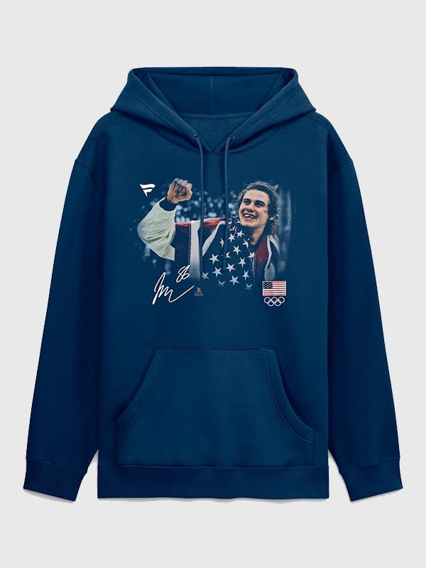 Recreated Jack Hughes Hockey Medal Moment navy pullover hoodie crafted with ribbed cuffs and kangaroo pocket
