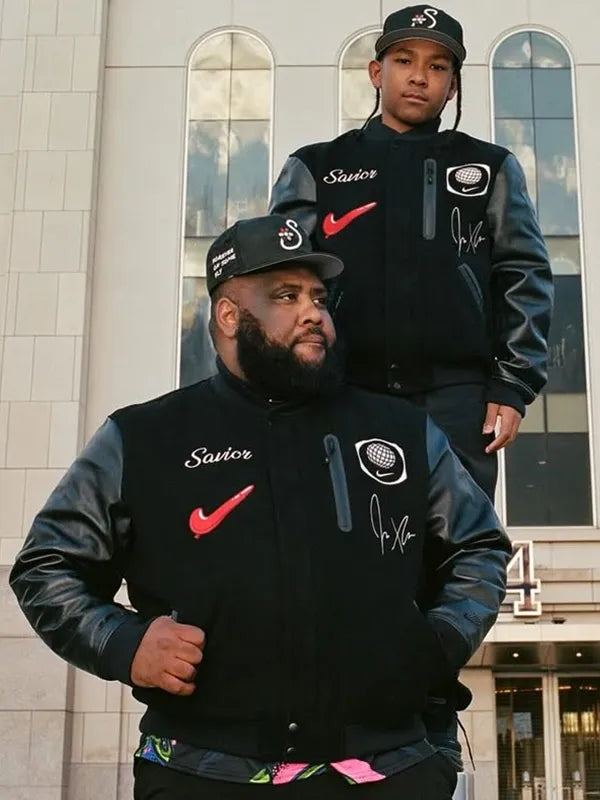 Jae Tips Savior Nike Destroyer Black Wool & Leather Varsity Jacket designed with a structured unisex fit and bold streetwear-inspired detailing