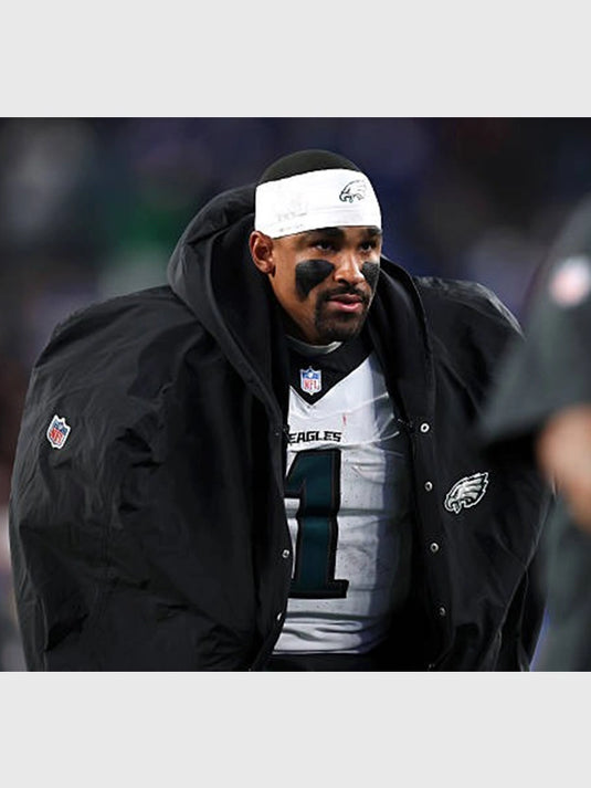 Philadelphia Eagles 2025 sideline black cape coat with bold silhouette and Jalen Hurts-inspired design details.