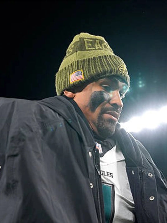 Jalen Hurts 2025 Eagles sideline black cape coat featuring elegant draping and team-inspired styling.