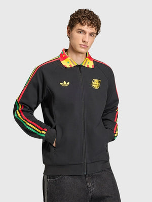 Recreated unisex Adidas Jamaica x Bob Marley 2026 Away Anthem jacket in black with full zipper and relaxed fit