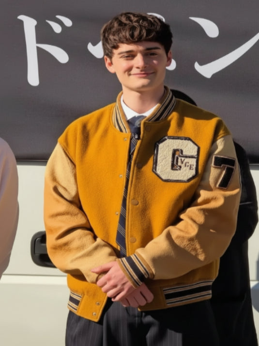 Noah Schnapp Stranger Things S05 mustard varsity jacket from Japan promotion recreation.