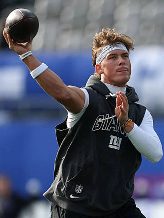 New York Giants sleeveless sideline hoodie in black featuring Jaxson Dart styling and athletic fit