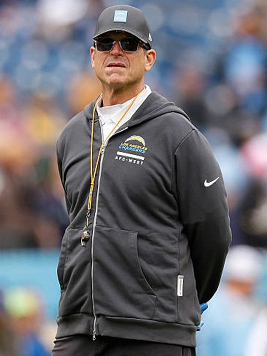 Chargers Jim Harbaugh 2025 Black Nike Sideline Hoodie combining durable material with classic team design.
