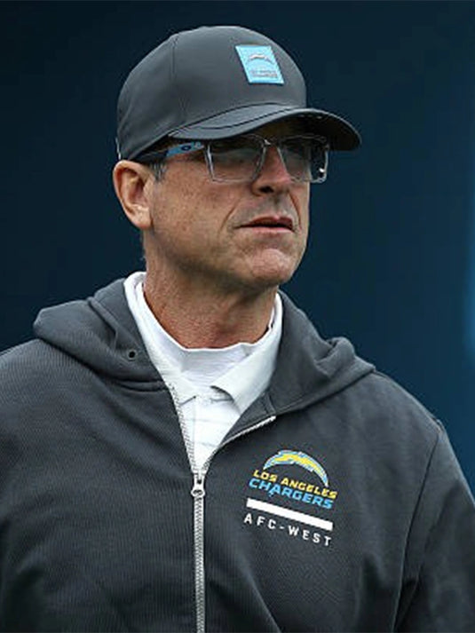 Jim Harbaugh Los Angeles Chargers 2025 Nike Sideline Hoodie in black with full zip closure.