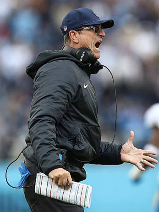 Los Angeles Chargers Jim Harbaugh Black Hooded Puffer Jacket featuring durable outer shell.