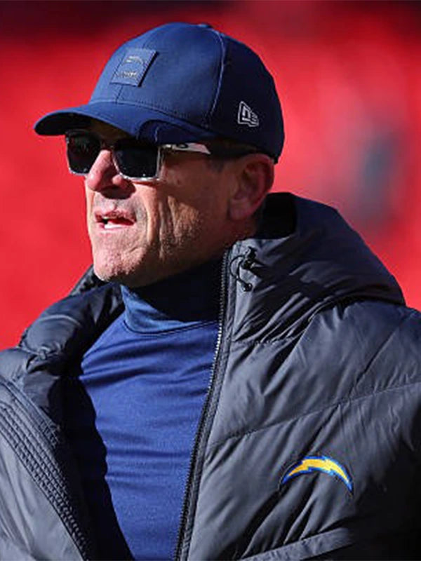 Nike black parachute puffer jacket associated with Jim Harbaugh and the 2025 Los Angeles Chargers