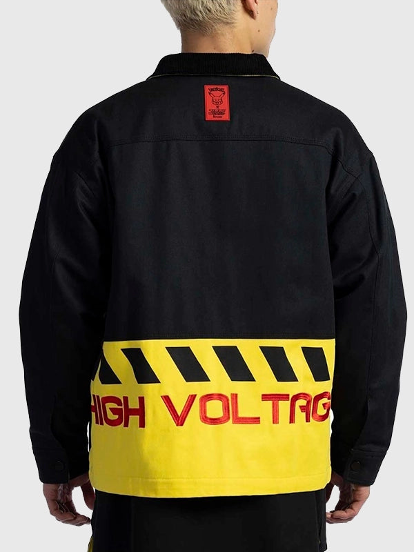 Black and yellow Pikachu workwear jacket inspired by Pokémon × Jimmy Paul by Difuzed featuring structured fit and utility styling
