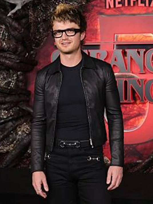 Stylish DJO Stranger Things Season 5 black leather jacket crafted with premium leather and sharp tailoring.