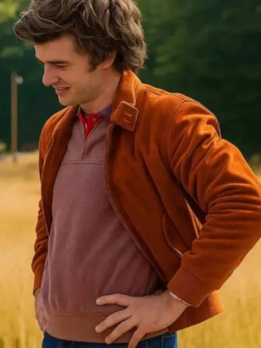 Brown suede jacket inspired by Joe Keery’s Steve Harrington look from Stranger Things season 5 Wrangler collaboration