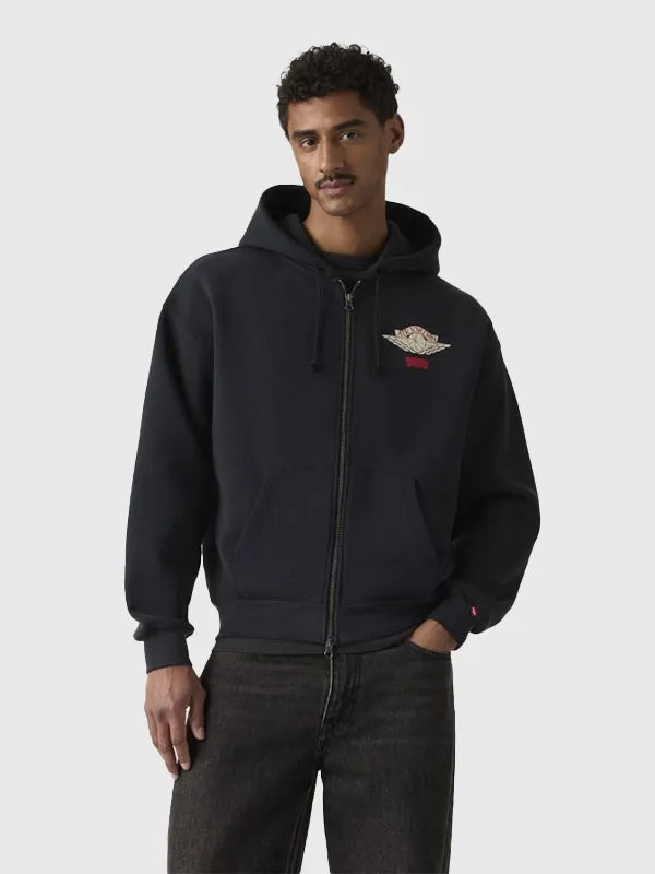 Recreated Levi’s x Jordan collaboration full-zip hoodie in black with athletic-inspired design and soft fleece interior
