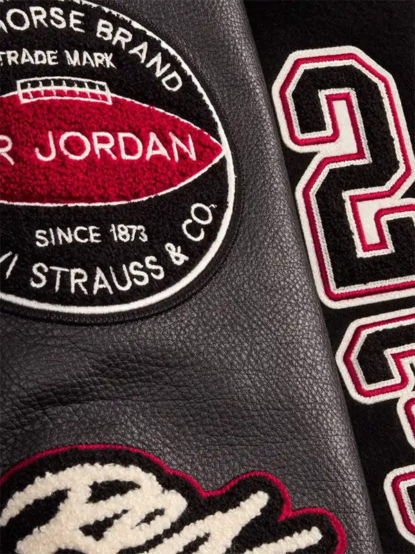 Recreated 2026 Levi’s Jordan varsity jacket in black with premium wool construction and leather sleeves