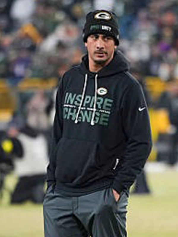 Green Bay Packers Jordan Love black sideline hoodie designed with Inspire Change graphics and comfortable fleece construction