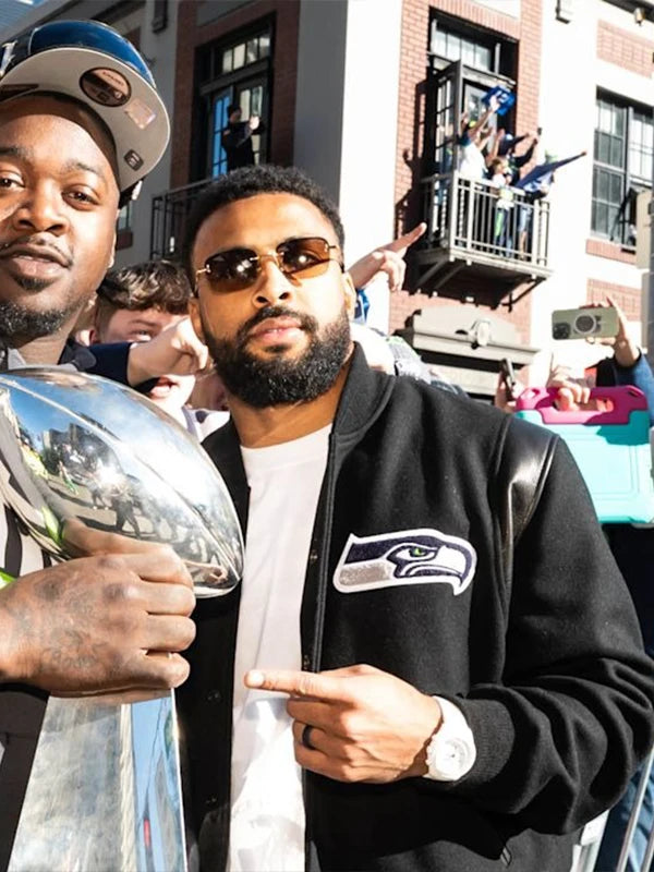 Recreated Julian Love Seattle Seahawks Super Bowl LX Champions parade wool varsity jacket in black with bold embroidered championship graphics
