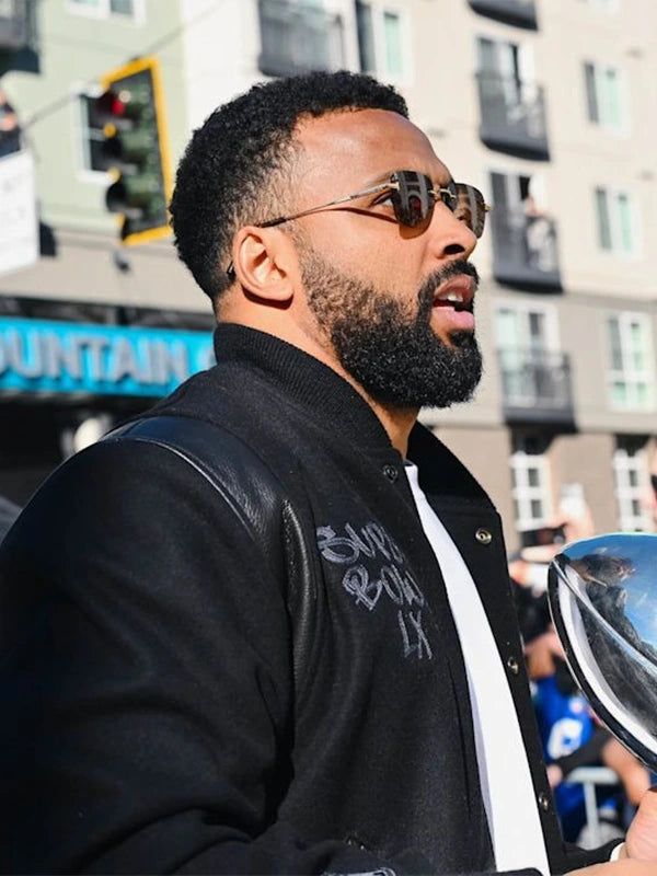 Recreated Seattle Seahawks Super Bowl LX Champions parade wool varsity jacket in black with bold embroidered championship graphics
