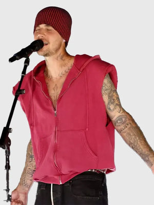 Coachella 2026 Newport Sleeveless Hoodie worn by Justin Bieber featuring breathable fabric, raw-edge arm openings, and casual oversized feel
