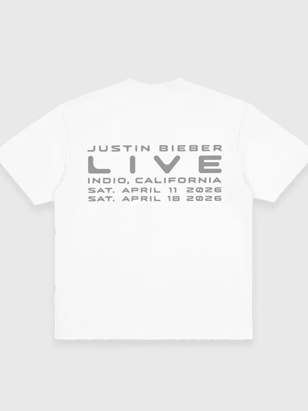 Recreated Coachella Justin Bieber Skylrk Live T-shirt in white with breathable material and modern streetwear styling