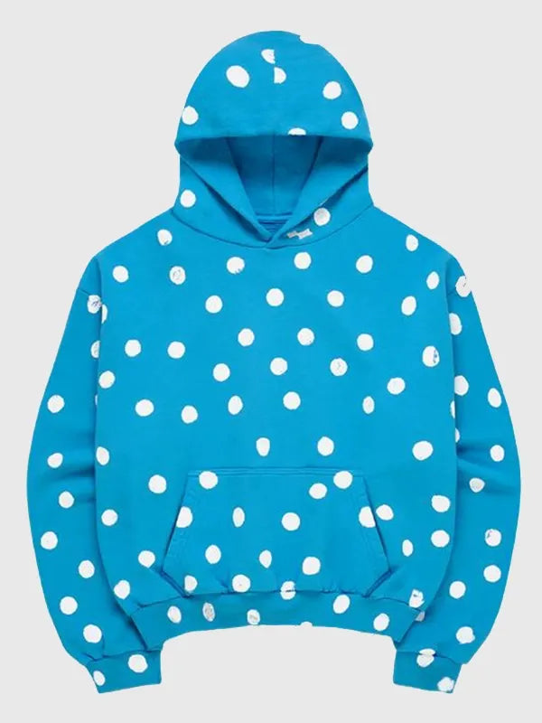 Recreated Justin Bieber Skylrk blue polka dot pullover fleece hoodie with soft interior and playful all-over pattern