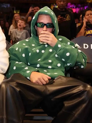 Recreated Justin Bieber 2026 Lakers game polka dot fleece pullover hoodie in green with soft brushed interior and relaxed fit