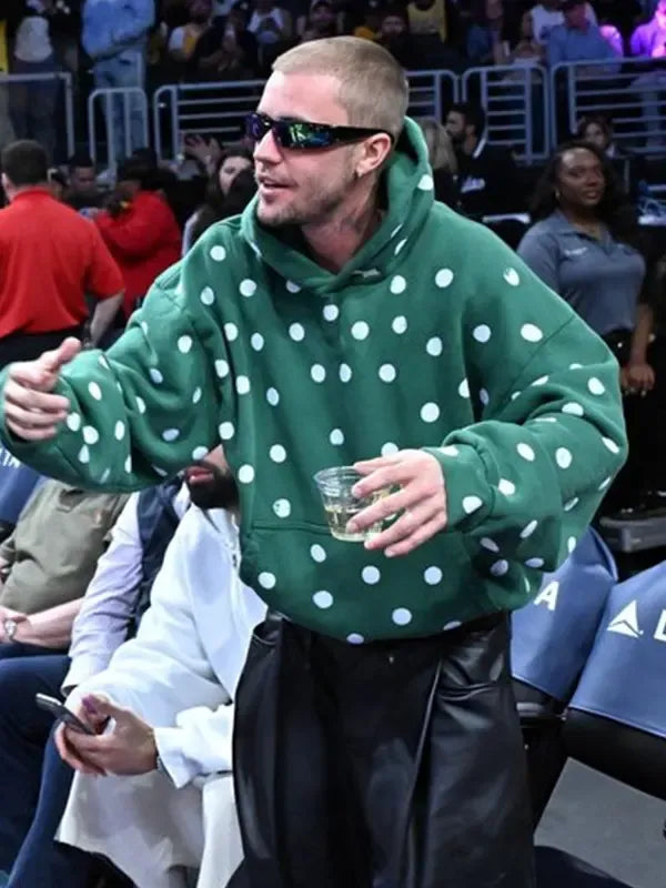 Justin Bieber 2026 Lakers green fleece hoodie featuring bold polka dot pattern and everyday streetwear appeal